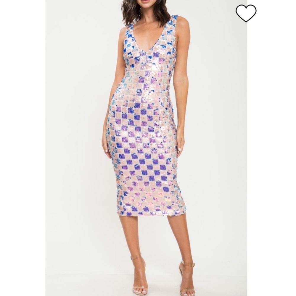 L’ATISTE Checkered Sequin Midi Dress In Multicolor Small NWT - Picture 3 of 13